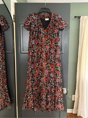 Black Floral Maxi Dress with Red & Orange Blooms
